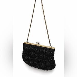 Vintage La Regale Black Glass Beaded Evening Bag Kiss Lock Clutch